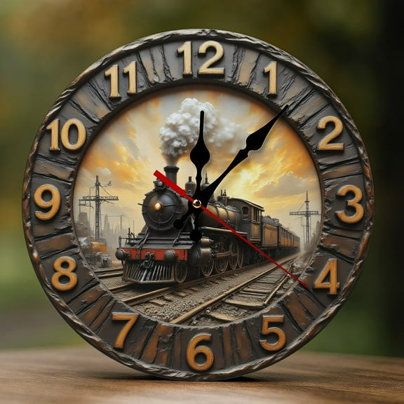 Wall Clock Decorative - Vintage Brown Train-A Print 2D Vintage Wall Clocks Battery Operated Silent Non-Ticking for Bedroom, Living Room, Kitchen, Office, Classroom, 10 Inch