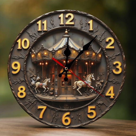 Wall Clock Decorative - Vintage Carousel Print 2D Vintage Wall Clocks Battery Operated Silent Non-Ticking for Bedroom, Living Room, Kitchen, Office, Classroom, 10 Inch
