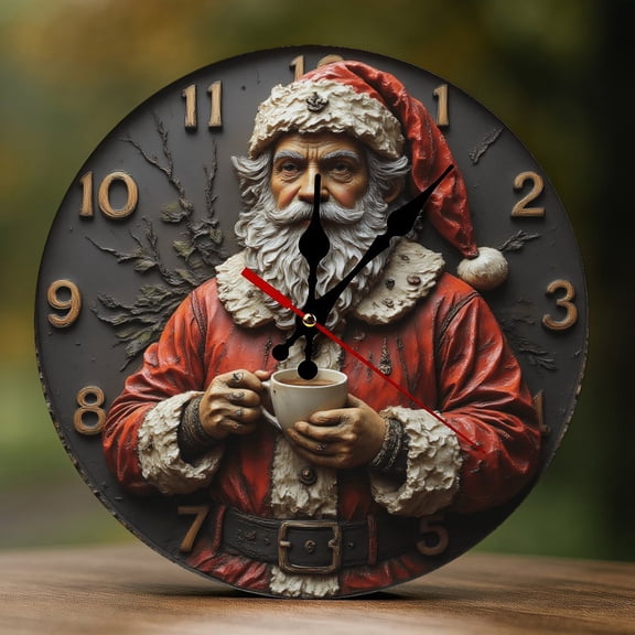 Wall Clock Decorative - Vintage Coffee Santa Claus Print 2D Vintage Wall Clocks Battery Operated Silent Non-Ticking for Bedroom, Living Room, Kitchen, Office, Classroom, 10 Inch