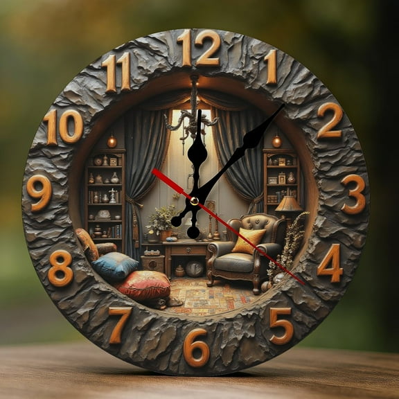 Wall Clock Decorative - Vintage Cozy Library Print 2D Vintage Wall Clocks Battery Operated Silent Non-Ticking for Bedroom, Living Room, Kitchen, Office, Classroom, 10 Inch