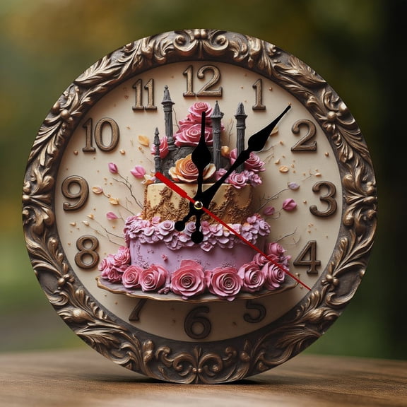 Wall Clock Decorative - Vintage Floral Cake Print 2D Vintage Wall Clocks Battery Operated Silent Non-Ticking for Bedroom, Living Room, Kitchen, Office, Classroom, 10 Inch