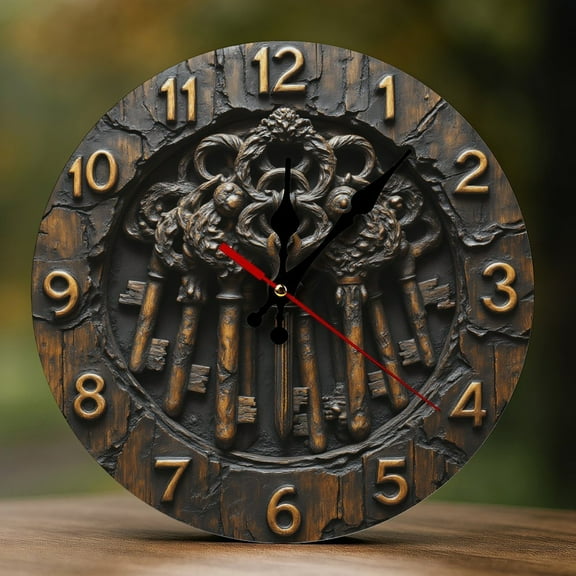 Wall Clock Decorative - Vintage Hanging Keys Wall Print 2D Vintage Wall Clocks Battery Operated Silent Non-Ticking for Bedroom, Living Room, Kitchen, Office, Classroom, 10 Inch