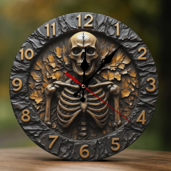 Wall Clock Decorative - Vintage Maple Leaf Skull Print 2D Vintage Wall Clocks Battery Operated Silent Non-Ticking for Bedroom, Living Room, Kitchen, Office, Classroom, 10 Inch