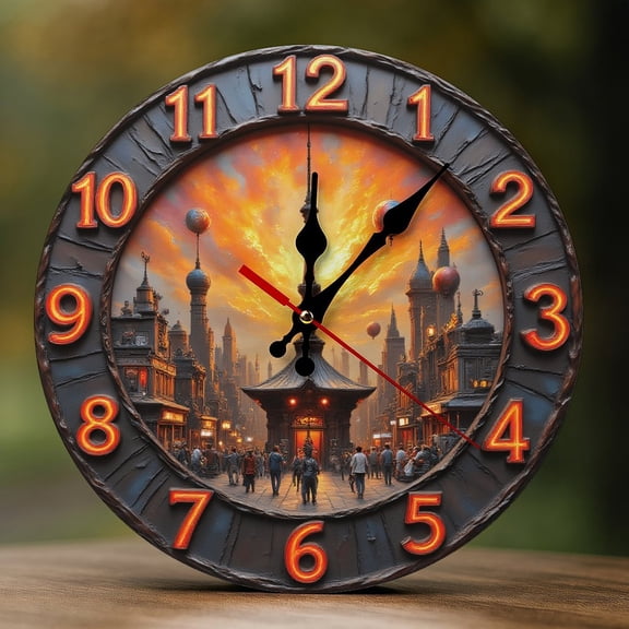 Wall Clock Decorative - Vintage Orange City Skyline Print 2D Vintage Wall Clocks Battery Operated Silent Non-Ticking for Bedroom, Living Room, Kitchen, Office, Classroom, 10 Inch