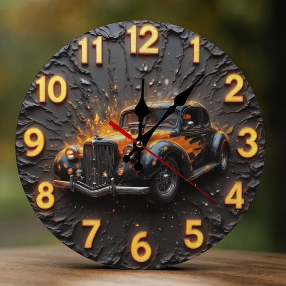 Wall Clock Decorative - Vintage Orange Flame Car Print 2D Vintage Wall Clocks Battery Operated Silent Non-Ticking for Bedroom, Living Room, Kitchen, Office, Classroom, 10 Inch