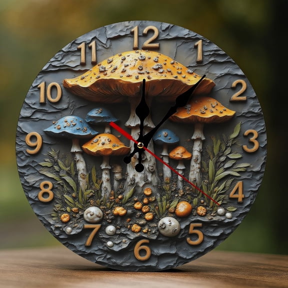 Wall Clock Decorative - Vintage Orange Mushrooms Print 2D Vintage Wall Clocks Battery Operated Silent Non-Ticking for Bedroom, Living Room, Kitchen, Office, Classroom, 10 Inch