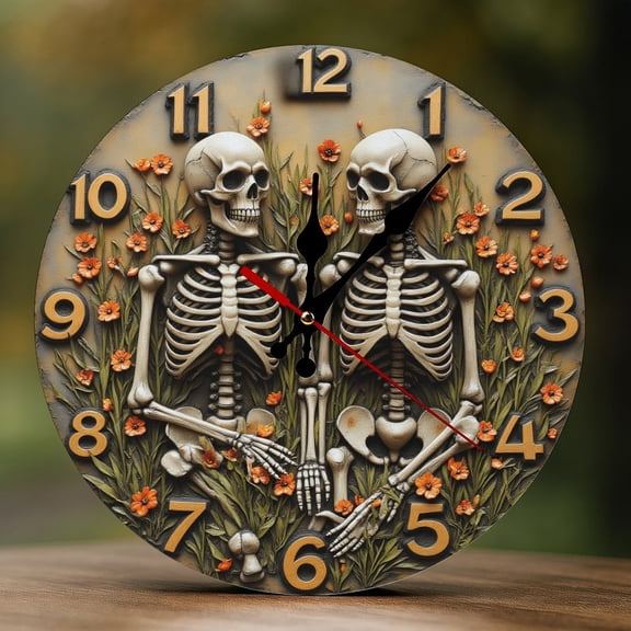 Wall Clock Decorative - Vintage Orange Skeletons Print 2D Vintage Wall Clocks Battery Operated Silent Non-Ticking for Bedroom, Living Room, Kitchen, Office, Classroom, 10 Inch