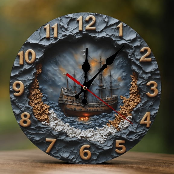 Wall Clock Decorative - Vintage Pirate Ship Print 2D Vintage Wall Clocks Battery Operated Silent Non-Ticking for Bedroom, Living Room, Kitchen, Office, Classroom, 10 Inch