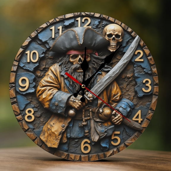 Wall Clock Decorative - Vintage Pirate Skull Print 2D Vintage Wall Clocks Battery Operated Silent Non-Ticking for Bedroom, Living Room, Kitchen, Office, Classroom, 10 Inch