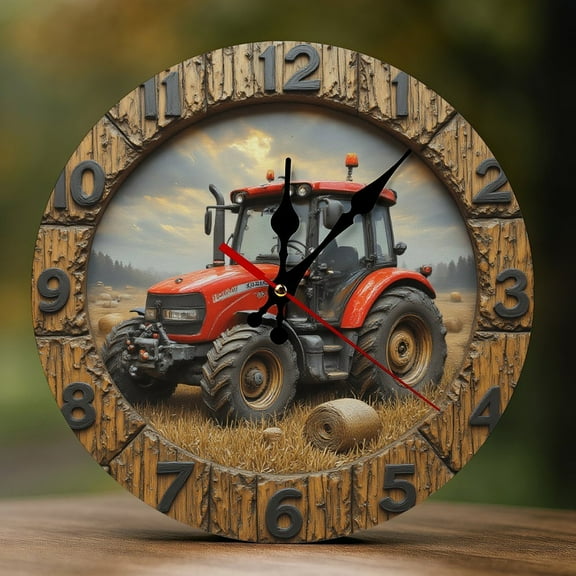 Wall Clock Decorative - Vintage Red Tractor Print 2D Vintage Wall Clocks Battery Operated Silent Non-Ticking for Bedroom, Living Room, Kitchen, Office, Classroom, 10 Inch