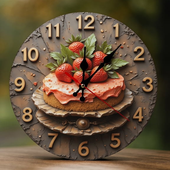 Wall Clock Decorative - Vintage Strawberry Cake Print 2D Vintage Wall Clocks Battery Operated Silent Non-Ticking for Bedroom, Living Room, Kitchen, Office, Classroom, 10 Inch