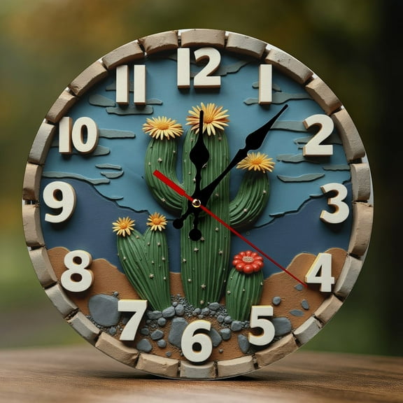 Wall Clock Decorative - Western Cactus Scene Print 2D Vintage Wall Clocks Battery Operated Silent Non-Ticking for Bedroom, Living Room, Kitchen, Office, Classroom, 10 Inch