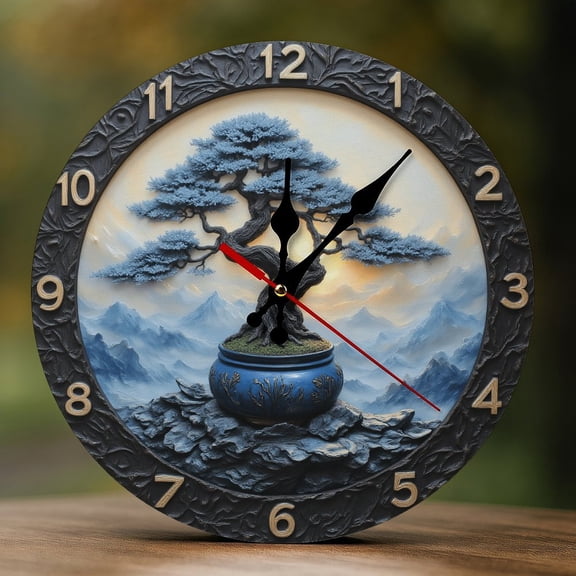 Wall Clock Decorative - Zen Bonsai Tree Print 2D Vintage Wall Clocks Battery Operated Silent Non-Ticking for Bedroom, Living Room, Kitchen, Office, Classroom, 10 Inch