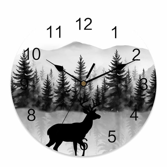 Wall Clock Deer Clocks PVC Silent Non-Ticking Battery Operated Decorative Animal Mount Forest Silhouette Round Clock for Home Living Room Kitchen Bedroom Office School Wall Decor 10 Inch