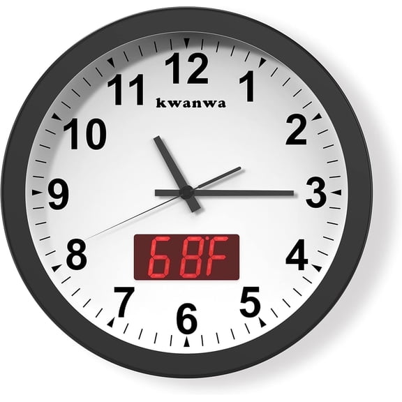 Wall Clock, Digital Clock, 12" Metal Frame Quartz LED Analog Wall Clock, Light Sensor Auto 1.4'' LED Time or Temperature Display, Battery Powered, Adjustable Brightness, Silent Quiet Sweep Second Han