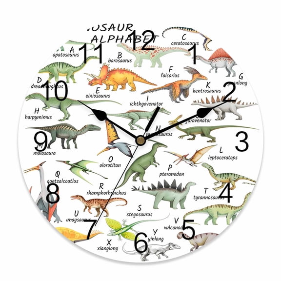 Wall Clock Dinosaur Family Clocks PVC Silent Non-Ticking Battery Operated Decorative Learning Alphabet A to Z Name Round Clock for Home Living Room Kitchen Bedroom Office School Wall Decor 10 Inch