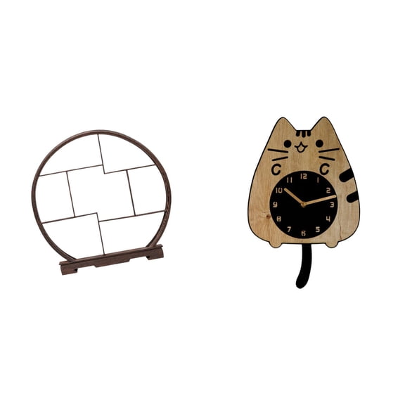 Wall Clock Display Stand Crafts Shelf Silent Wood Cat Design for Living Room Bedroom Office Home Decoration