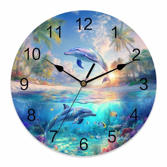 Wall Clock Dolphin Clocks PVC Silent Non-Ticking Battery Operated Decorative Ocean Animal Tropical Coconut Round Clock for Home Living Room Kitchen Bedroom Office School Wall Decor 10 Inch