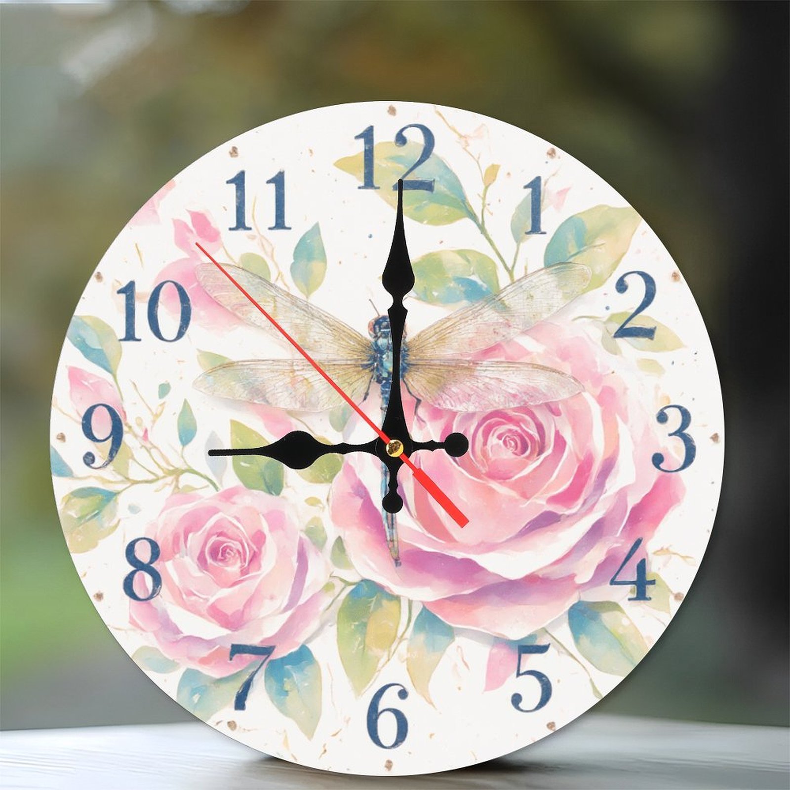 Dragonfly Clock Roses Wall Clock Dragonfly Roses Floral Home Decor 10-Inch Silent Wooden Wall ...