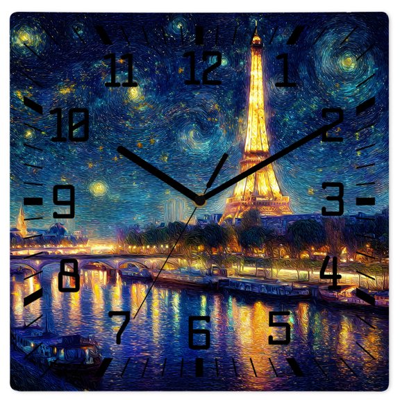 Wall Clock Eiffel Tower River Operated Square Clocks Wooden Silent Non-Ticking Wallclock 12 Inch Starry Night Impressionist Wood Wall Clock for Living Room Bedroom Office Shool Home Decor