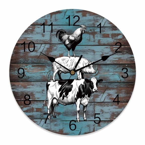 Wall Clock Farm Animal Clocks PVC Silent Non-Ticking Battery Operated Cow Pig Chicken Rustic Blue Wood Grain Round Clock for Home Living Room Kitchen Bedroom Office School Wall Decor 10 Inch