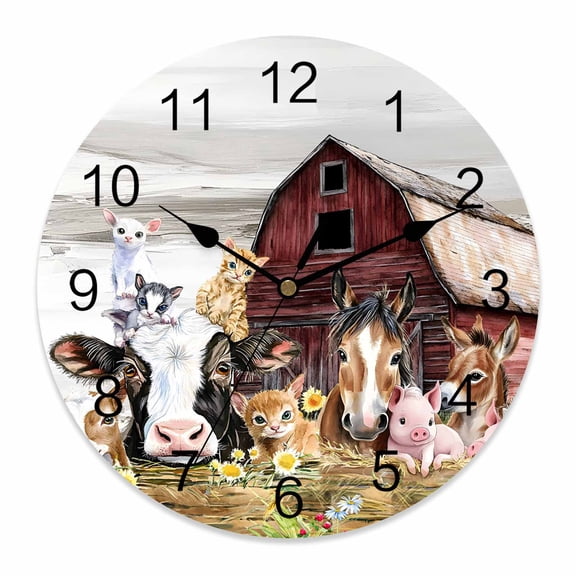 Wall Clock Farm Animal Clocks PVC Silent Non-Ticking Battery Operated Decorative Barn Horse Pig Cow Round Clock for Home Living Room Kitchen Bedroom Office School Wall Decor 10 Inch