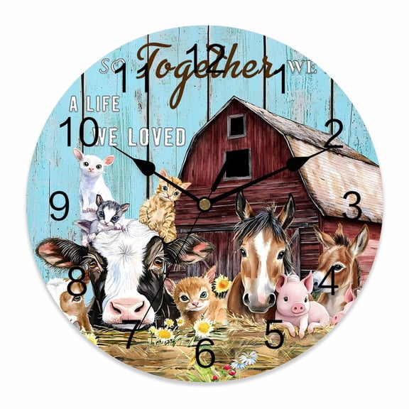 Wall Clock Farm Animal Clocks PVC Silent Non-Ticking Battery Operated Decorative Barn Horse Pig Cow Teal Round Clock for Home Living Room Kitchen Bedroom Office School Wall Decor 10 Inch