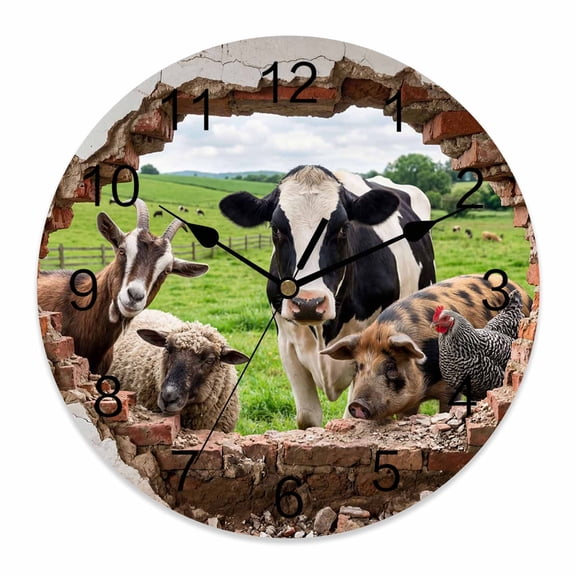 Wall Clock Farm Animal Clocks PVC Silent Non-Ticking Battery Operated Decorative Broken Wall Pasture Landscape Round Clock for Home Living Room Kitchen Bedroom Office School Wall Decor 10 Inch