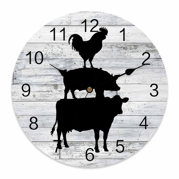 Wall Clock Farm Animal Clocks PVC Silent Non-Ticking Battery Operated Decorative Cow Pig Chicken Rustic Wood Grain Round Clock for Home Living Room Kitchen Bedroom Office School Wall Decor 10 Inch