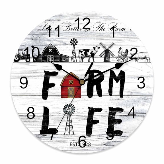 Wall Clock Farm Life Clocks PVC Silent Non-Ticking Battery Operated Decorative Farmhouse Barn Windmill Cow Chicken Tractor Wood Round Clock for Home Living Room Kitchen Bedroom Wall Decor 14 Inch