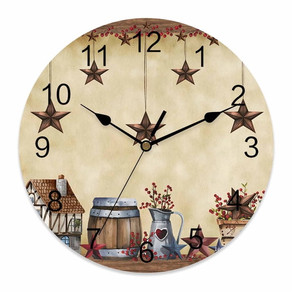 Wall Clock Farm Star Barn Clocks PVC Silent Non-Ticking Battery Operated Decorative Red Berry Vintage Round Clock for Home Living Room Kitchen Bedroom Office School Wall Decor 10 Inch
