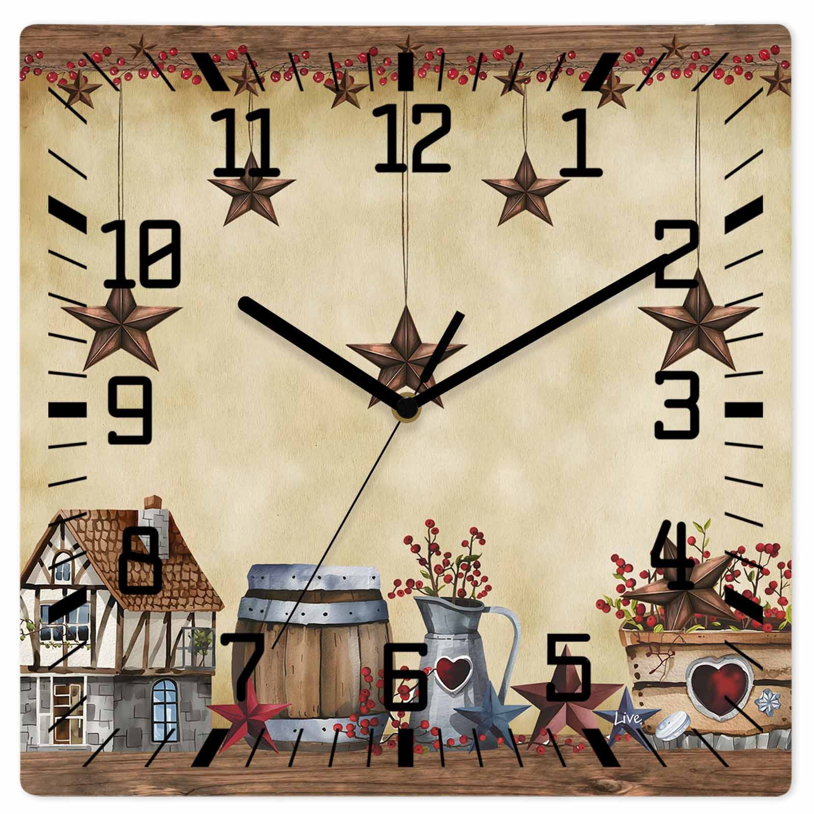 Wall Clock Farm Star Barn Operated Square Clocks Wooden Silent Non ...