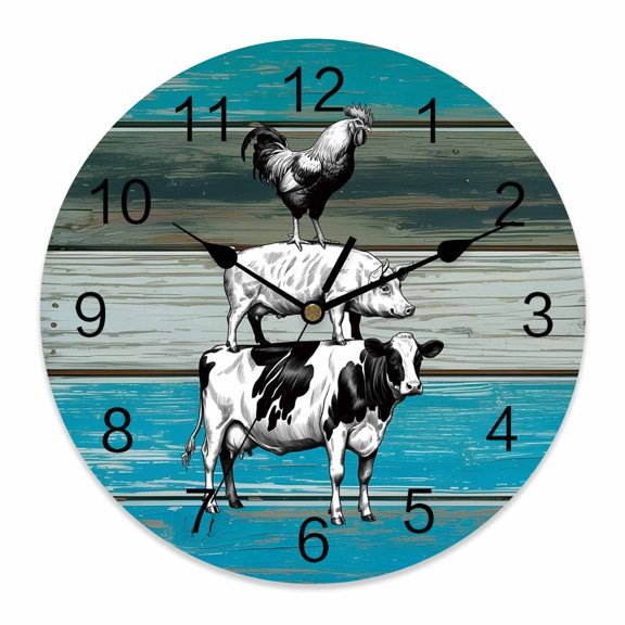 Wall Clock Farmhouse Animal Clocks PVC Silent Non-Ticking Battery Operated Cow Pig Chicken Retro Blue Wood Grain Round Clock for Home Living Room Kitchen Bedroom Office School Wall Decor 10 Inch