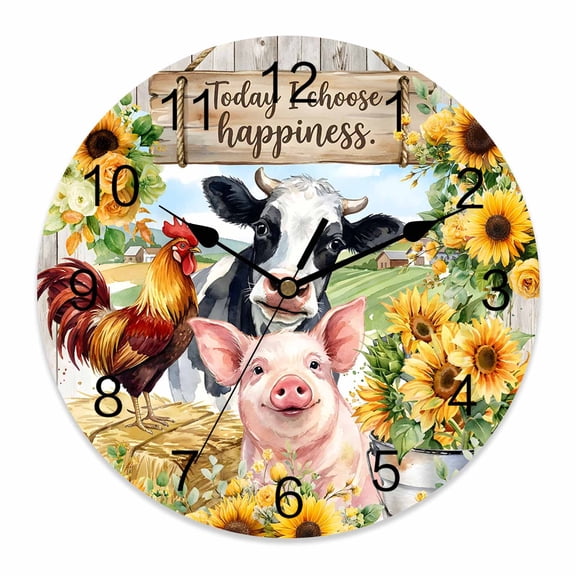 Wall Clock Farmhouse Animal Clocks PVC Silent Non-Ticking Battery Operated Decorative Sunflower Rooster Cow Pig Round Clock for Home Living Room Kitchen Bedroom Office School Wall Decor 12 Inch