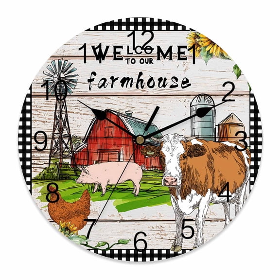 Wall Clock Farmhouse Animals Clocks PVC Silent Non-Ticking Battery Operated Barn Windmill Sunflower Plaid Retro Wood Round Clock for Home Living Room Kitchen Bedroom Office School Wall Decor 10 Inch