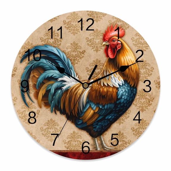Wall Clock Farmhouse Chicken Rooster Cock Clocks PVC Silent Non-Ticking Battery Operated Decorative Vintage Farm Animal Round Clock for Home Living Room Kitchen Bedroom Office Wall Decor 10 Inch