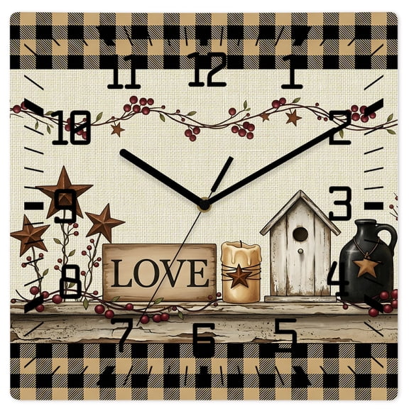 Wall Clock Farmhouse Red Star Candle Operated Square Clocks Wooden Silent Non-Ticking Wallclock 10 Inch Berry Vines Beige Plaid Linen Wood Wall Clock for Living Room Bedroom Office Shool Home Decor