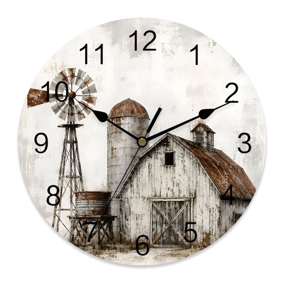 Wall Clock Farmhouse Wood Barn Clocks PVC Silent Non-Ticking Battery Operated Decorative Rustic Retro Windmill Fence Round Clock for Home Living Room Kitchen Bedroom Office School Wall Decor 10 Inch