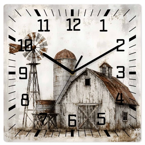 Wall Clock Farmhouse Wood Barn Operated Square Clocks Wooden Silent Non-Ticking Wallclock 10 Inch Rustic Retro Windmill Fence Wood Wall Clock for Living Room Bedroom Office Shool Home Decor