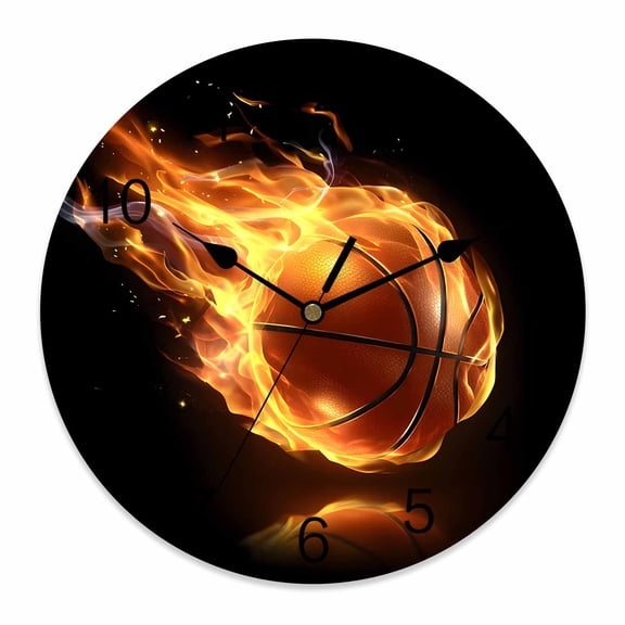 Wall Clock Flame Basketball Clocks PVC Silent Non-Ticking Battery Operated Decorative Sports Black Round Clock for Home Living Room Kitchen Bedroom Office School Wall Decor 10 Inch