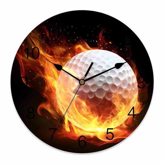 Wall Clock Flame Golf Ball Clocks PVC Silent Non-Ticking Battery Operated Decorative Sports Black Round Clock for Home Living Room Kitchen Bedroom Office School Wall Decor 10 Inch