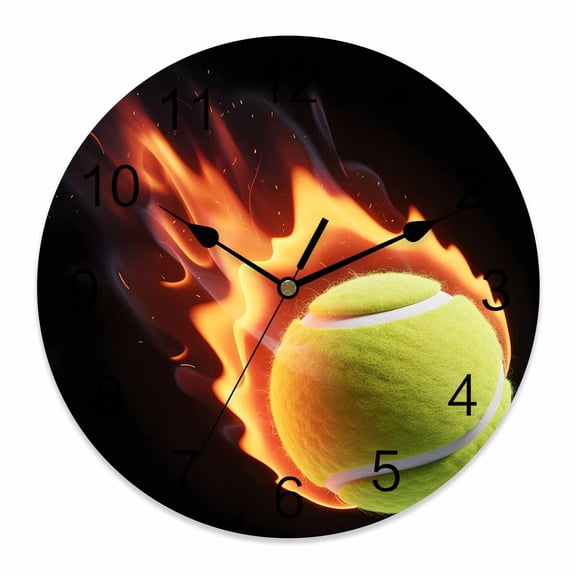 Wall Clock Flame Tennis Ball Clocks PVC Silent Non-Ticking Battery Operated Decorative Sports Black Round Clock for Home Living Room Kitchen Bedroom Office School Wall Decor 10 Inch