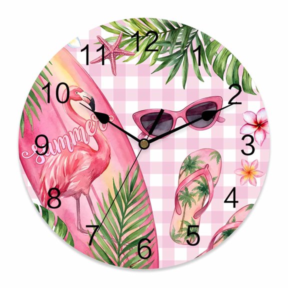 Wall Clock Flamigo Flip Flops Clocks PVC Silent Non-Ticking Battery Operated Summer Palm Leaves Pink Plaid Round Clock for Home Living Room Kitchen Bedroom Office School Wall Decor 10 Inch
