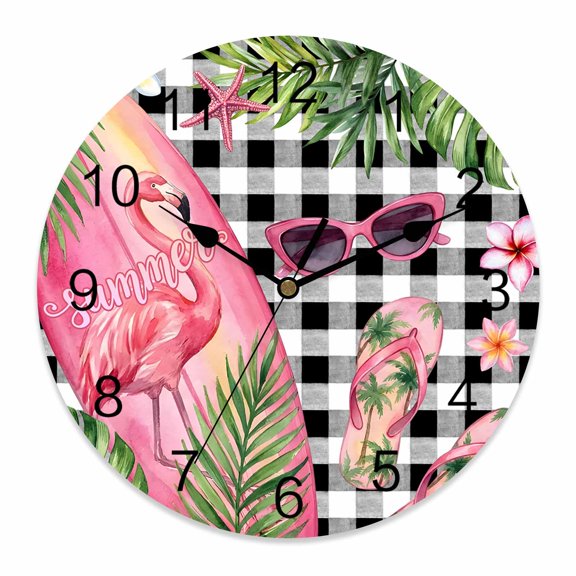 Wall Clock Flamigo Flip Flops Clocks PVC Silent Non-Ticking Battery Operated Summer Sunglasses Green Palm Leaves Round Clock for Home Living Room Kitchen Bedroom Office School Wall Decor 10 Inch