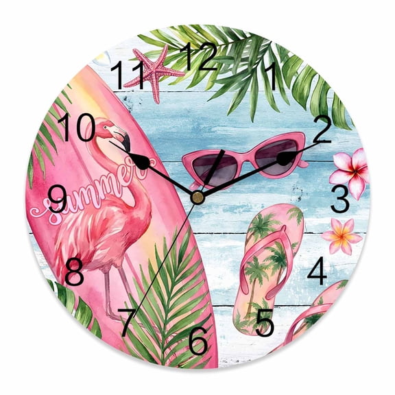 Wall Clock Flamigo Flip Flops Clocks PVC Silent Non-Ticking Battery Operated Summer Sunglasses Palm Leaves Round Clock for Home Living Room Kitchen Bedroom Office School Wall Decor 12 Inch