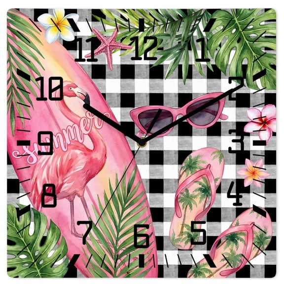 Wall Clock Flamigo Flip Flops Operated Square Clocks Wooden Silent Non-Ticking Wallclock 12 Inch Summer Sunglasses Green Palm Leaves Wood Wall Clock for Living Room Bedroom Office Shool Home Decor