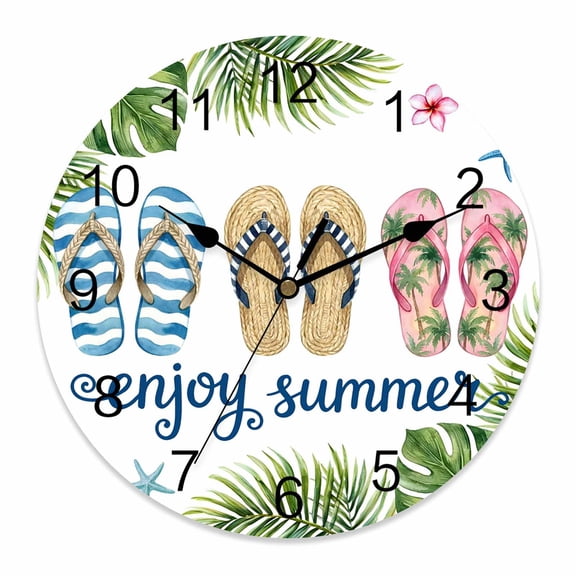 Wall Clock Flip Flops Clocks PVC Silent Non-Ticking Battery Operated Decorative Enjoy Summer Green Palm Leaves Round Clock for Home Living Room Kitchen Bedroom Office School Wall Decor 12 Inch