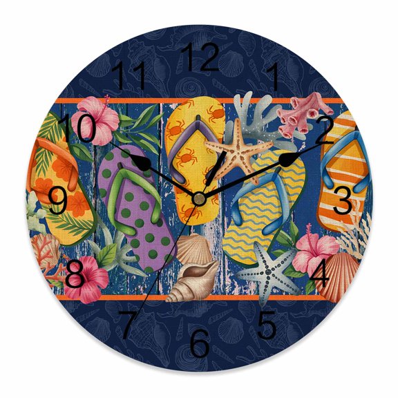 Wall Clock Flip Flops Clocks PVC Silent Non-Ticking Battery Operated Decorative Slippers Summer Holidays Marine Life Round Clock for Home Living Room Kitchen Bedroom Office School Wall Decor 10 Inch