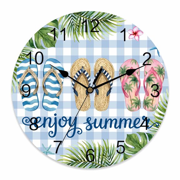Wall Clock Flip Flops Clocks PVC Silent Non-Ticking Battery Operated Enjoy Summer Green Palm Leaves Blue Plaid Round Clock for Home Living Room Kitchen Bedroom Office School Wall Decor 14 Inch