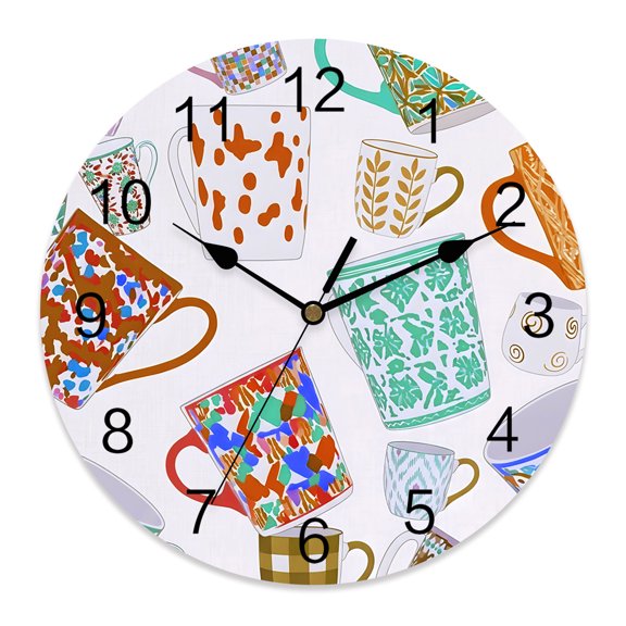 Wall Clock Floral Ceramic Mugs Clocks PVC Silent Non-Ticking Battery Operated Decorative Colorful Tea Cup Round Clock for Home Living Room Kitchen Bedroom Office School Wall Decor 10 Inch